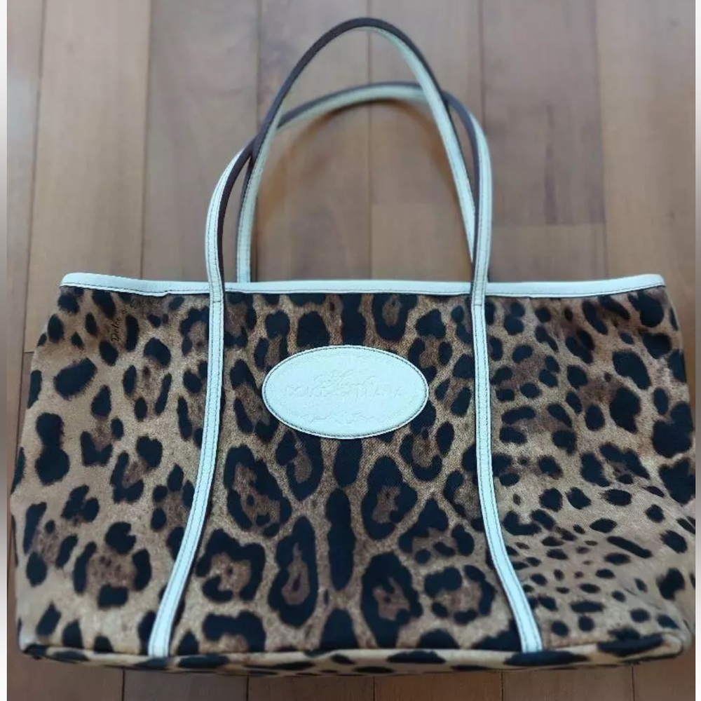 DOLCE & GABBANA Leopard Print Leather & Canvas Tote Bag White Trim